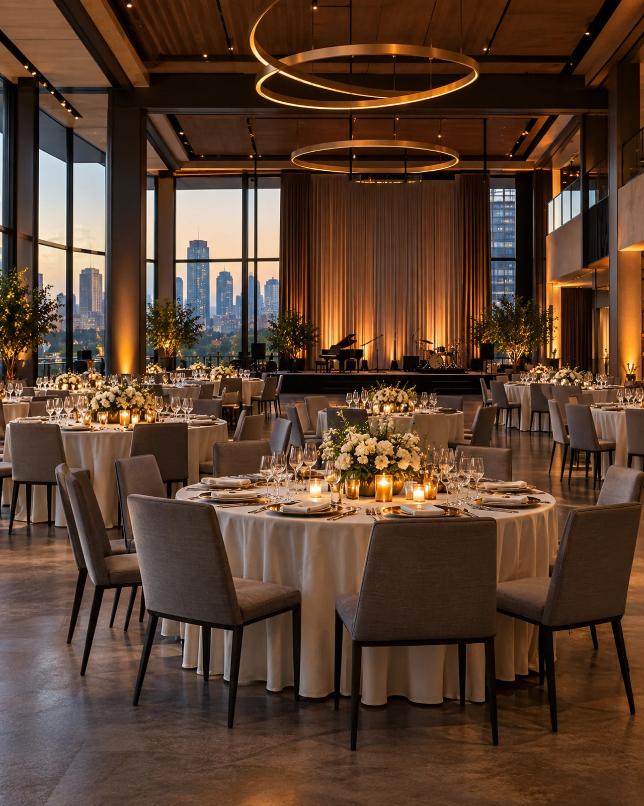 AI concept of an elegant reception venue with warm lighting
