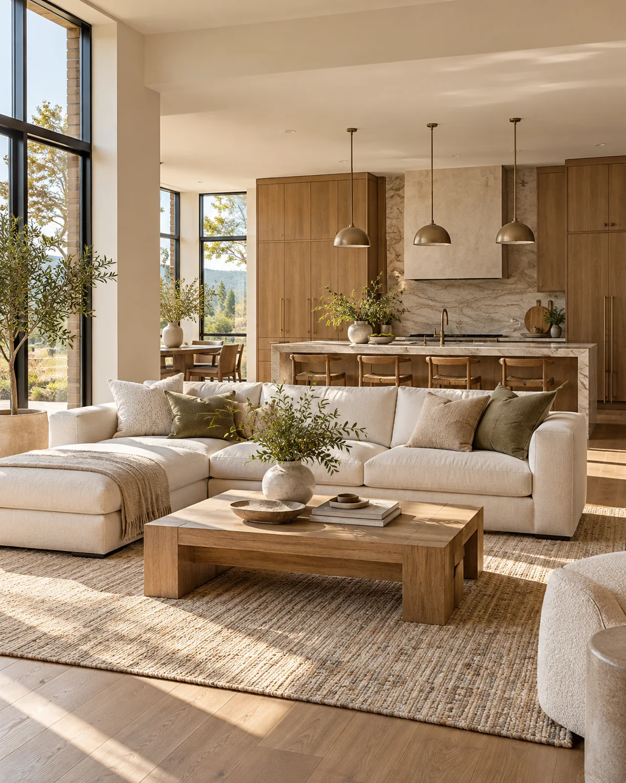 AI concept of a sunlit living room and open-plan kitchen