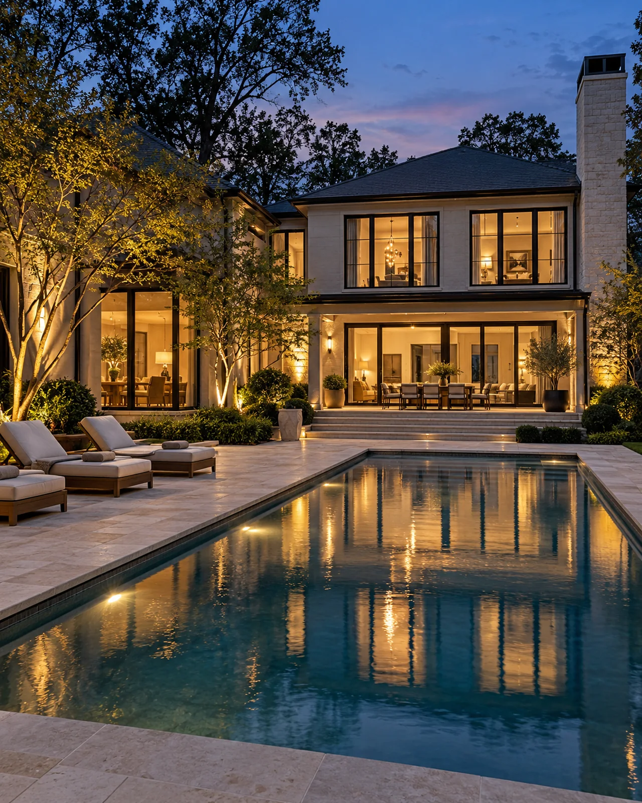 AI concept of a luxury home, pool, and terrace at dusk